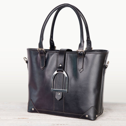 Urban Equestrian  Signature - Riding Stirrup Tote Luxury Leather Handbag in Black