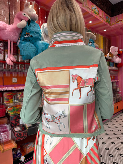 Stacy Bradley Design, The Tea Leaf Green Denim Jacket - Sage and Coral Horse