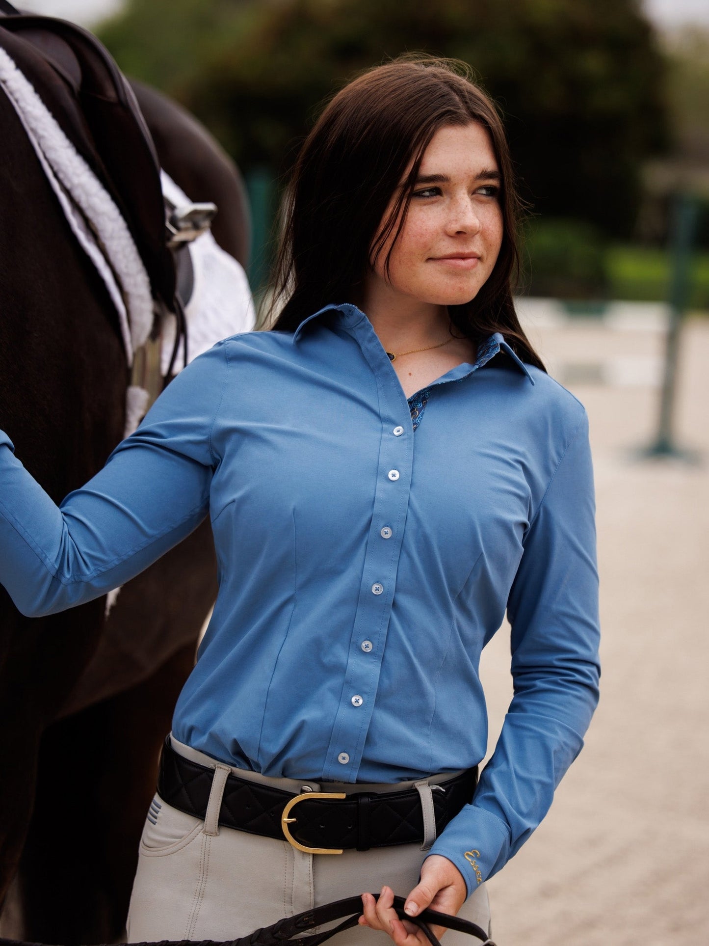Essex Classics Ladies Dora II Schooling Shirt - Blue with Golden Snaffle Trim