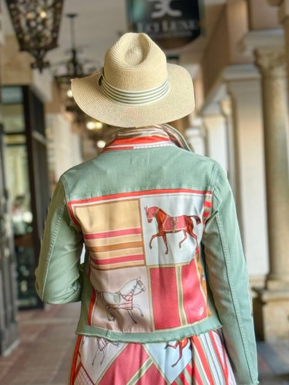 Stacy Bradley Design, The Tea Leaf Green Denim Jacket - Sage and Coral Horse