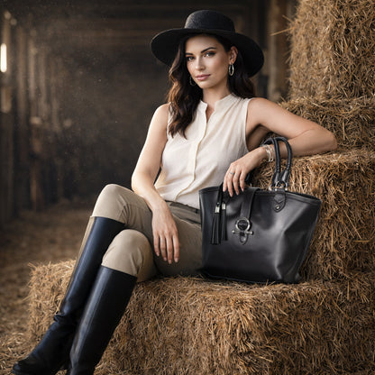 Urban Equestrian  Del Rey -Horse Bit Tote Luxury Leather Handbag in Black