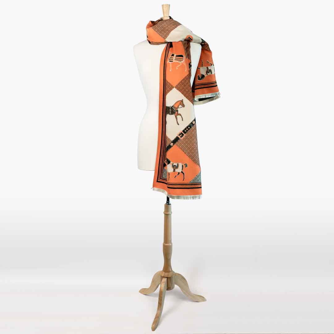 Urban Equestrian  Della -  Tangerine Equestrian Motif Luxe Shawl
