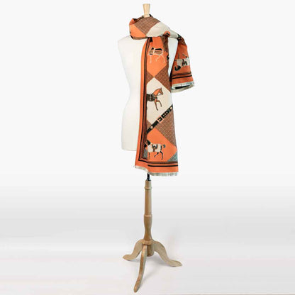 Urban Equestrian  Della -  Tangerine Equestrian Motif Luxe Shawl