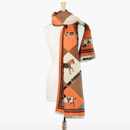 Urban Equestrian  Della -  Tangerine Equestrian Motif Luxe Shawl