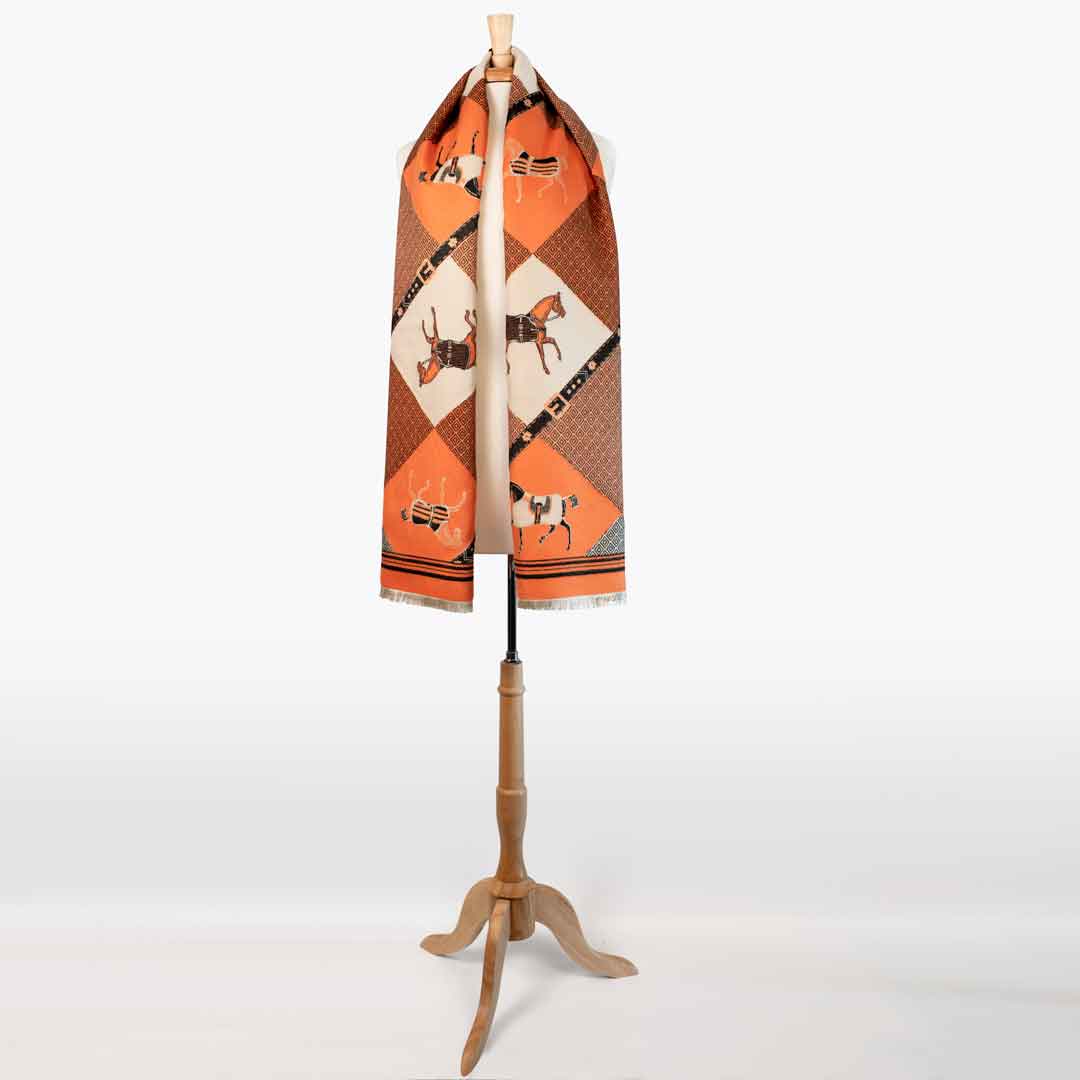 Urban Equestrian  Della -  Tangerine Equestrian Motif Luxe Shawl