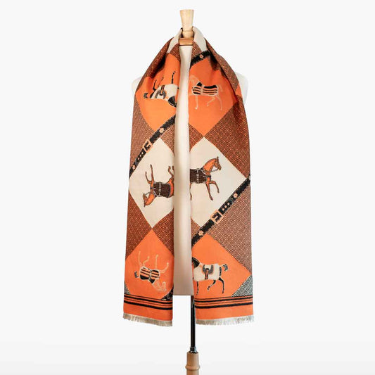 Urban Equestrian  Della -  Tangerine Equestrian Motif Luxe Shawl