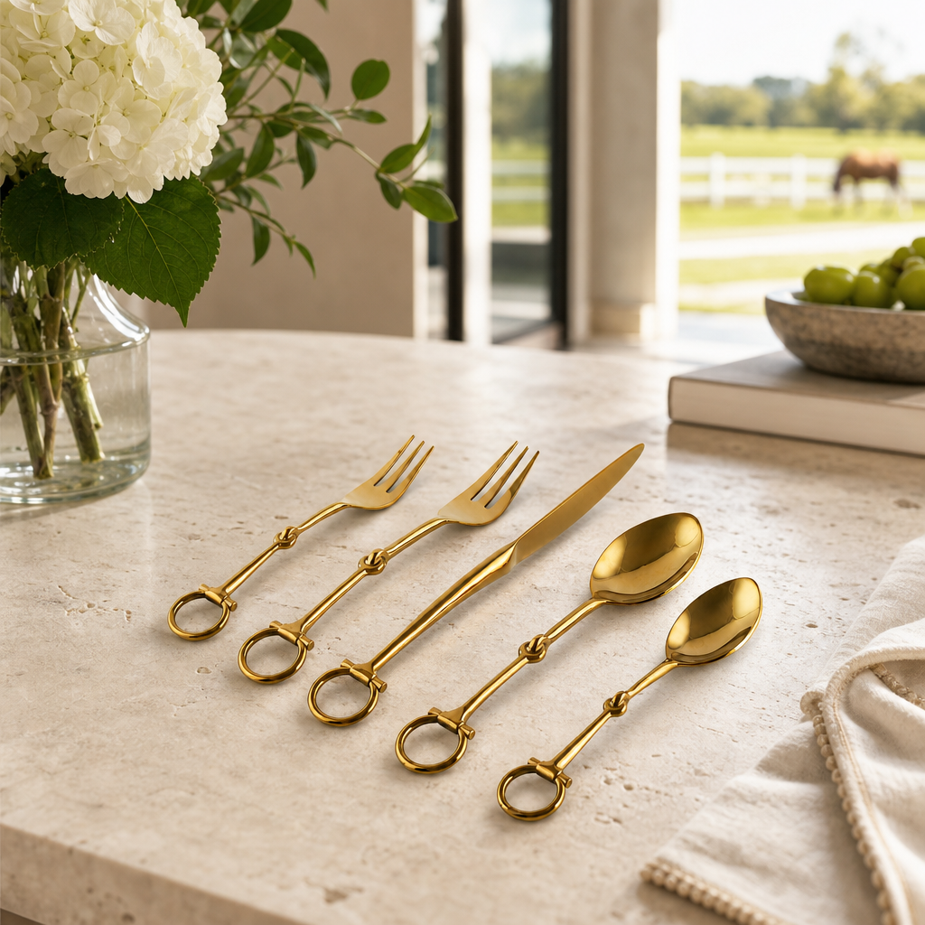 Vagabond House - Bit Five piece Flatware Set - Stainless Steel Shiny Gold