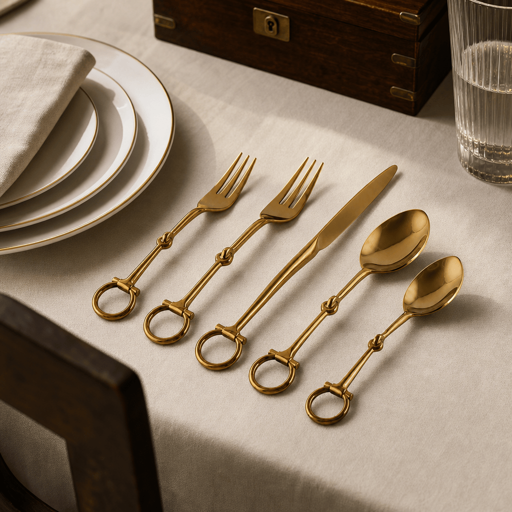 Vagabond House - Bit Five piece Flatware Set - Stainless Steel Shiny Gold