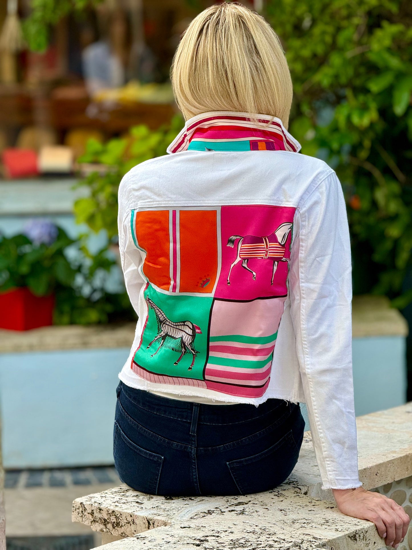 Stacy Bradley Design, The White Denim Jacket - Pink Horse with Teal