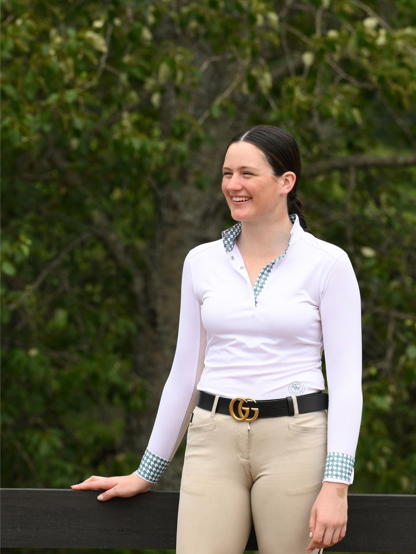 Essex Classics  Geometric Ladies Talent Yarn Straight Collar Long Sleeve Show Shirt - Green