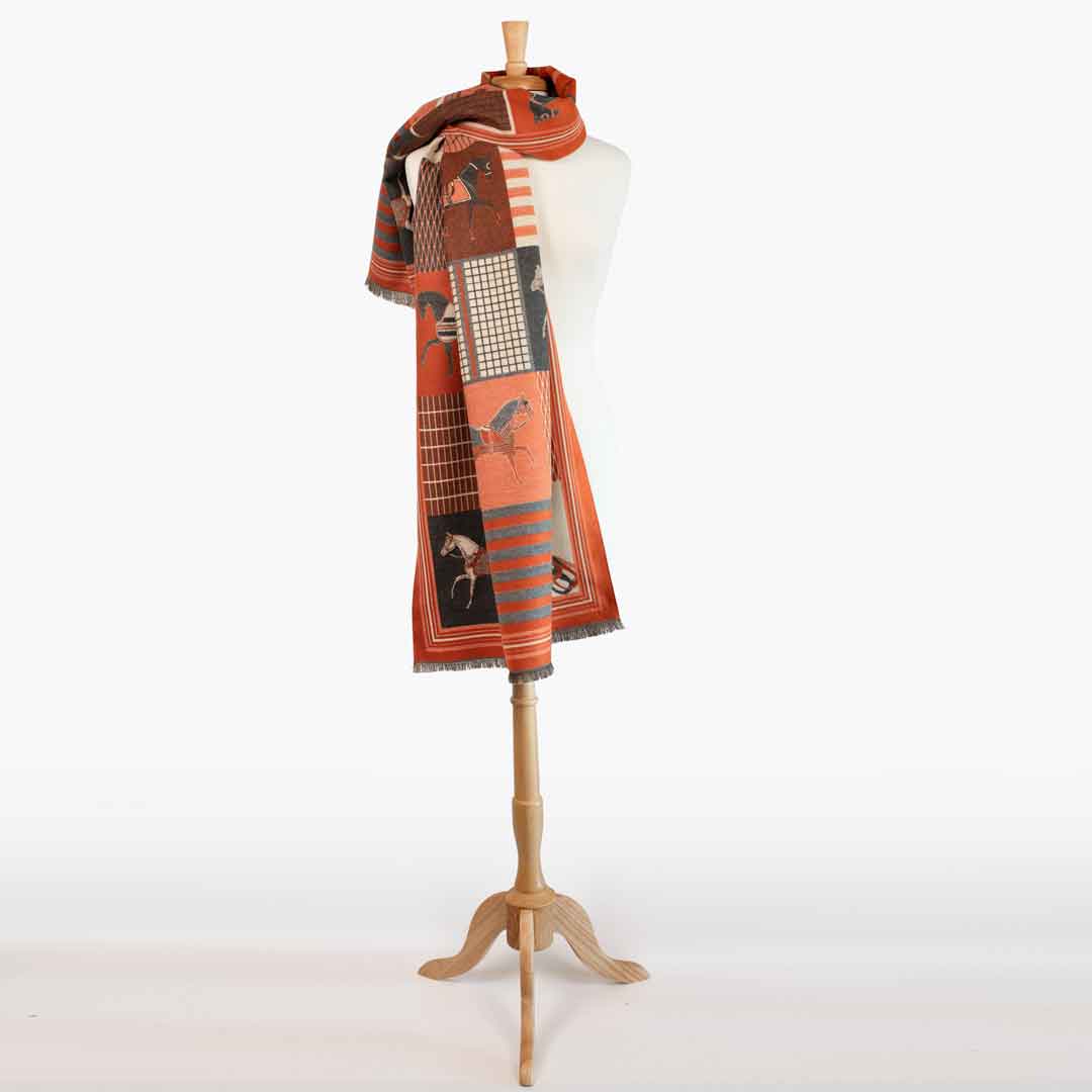 Urban Equestrian  Devon -  Tangerine Equestrian Motif Luxe Shawl
