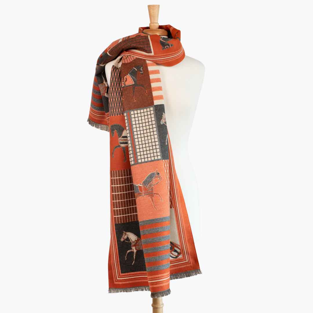 Urban Equestrian  Devon -  Tangerine Equestrian Motif Luxe Shawl