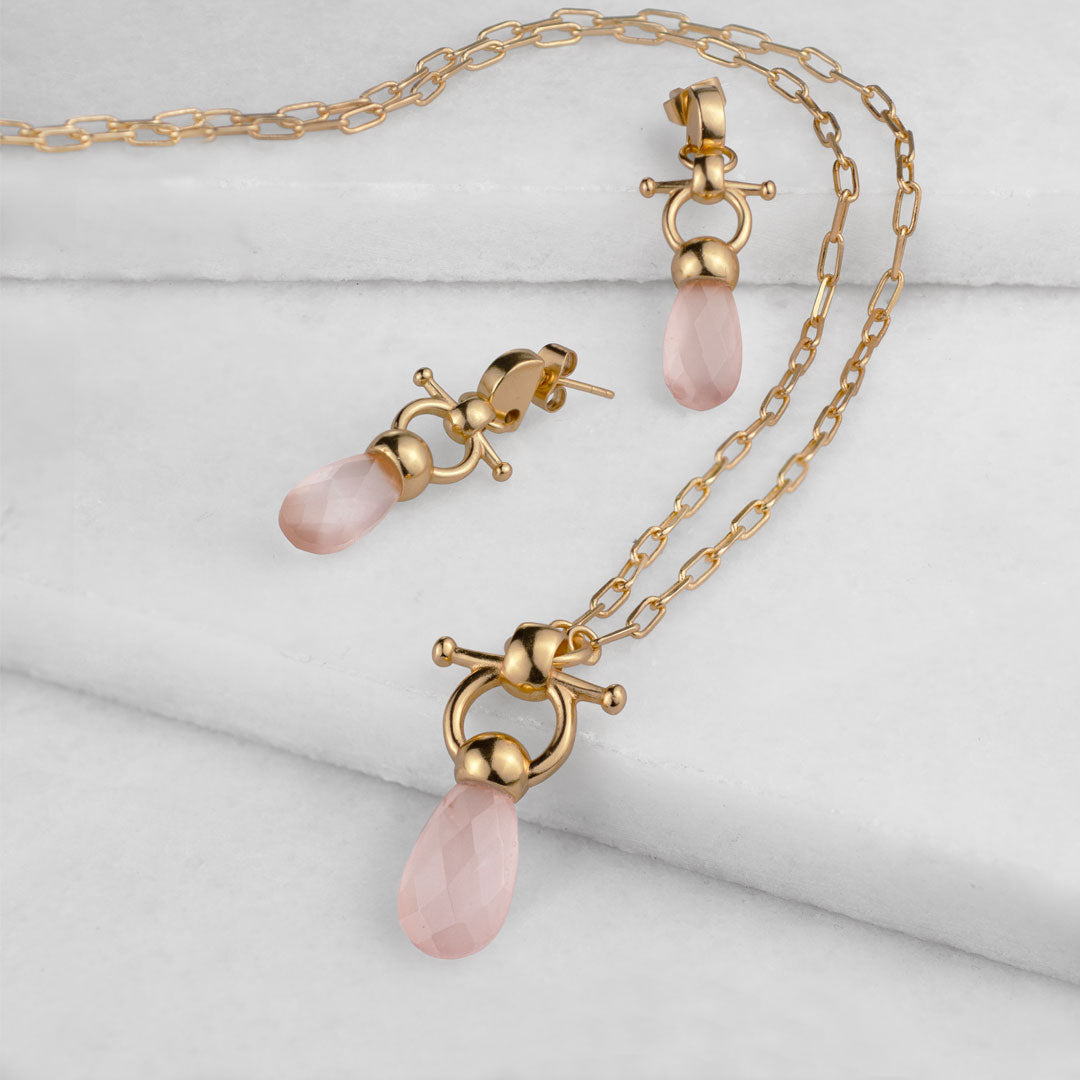 Urban Equestrian  Briolette - Rose Quartz Equestrian Horse Bit Necklace in Gold