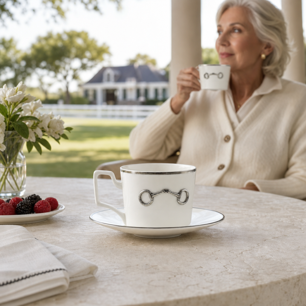 Vagabond House - Pewter Bit Bone China Cup and Saucer Platinum Rim