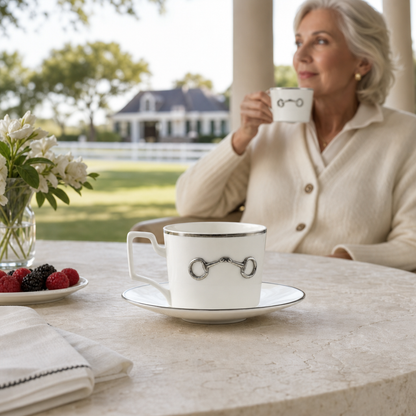 Vagabond House - Pewter Bit Bone China Cup and Saucer Platinum Rim