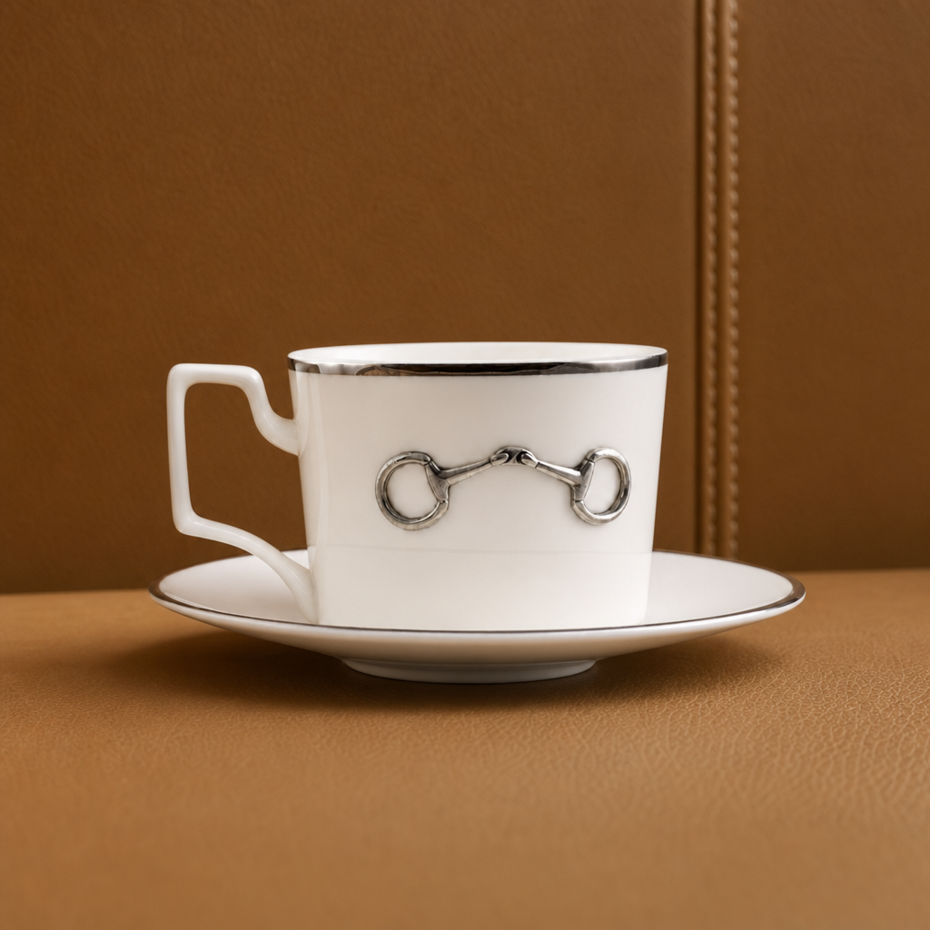Vagabond House - Pewter Bit Bone China Cup and Saucer Platinum Rim