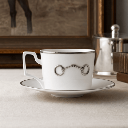 Vagabond House - Pewter Bit Bone China Cup and Saucer Platinum Rim