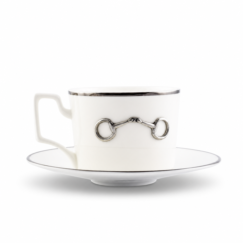 Vagabond House - Pewter Bit Bone China Cup and Saucer Platinum Rim