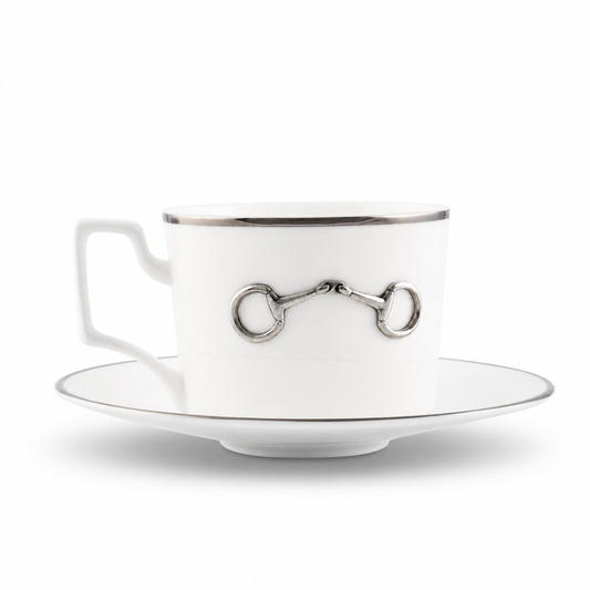 Vagabond House - Pewter Bit Bone China Cup and Saucer Platinum Rim