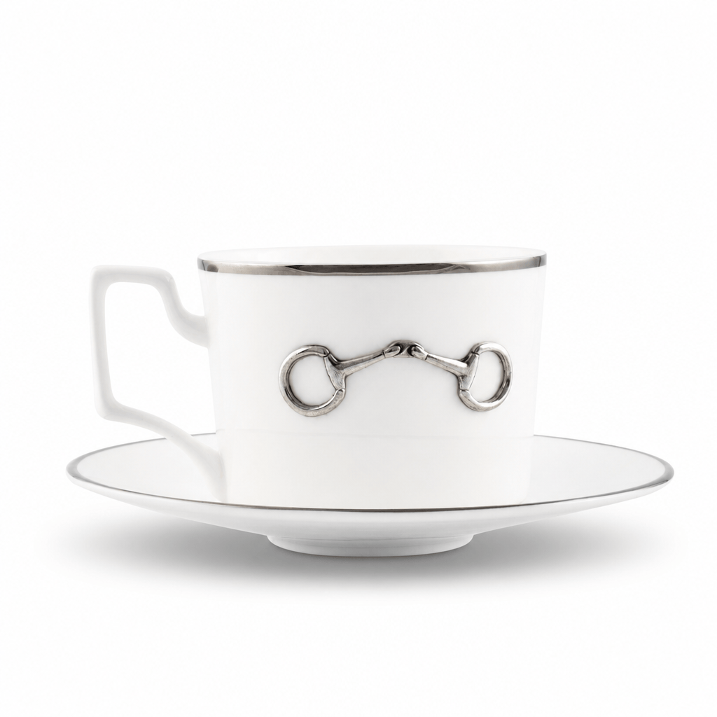Vagabond House - Pewter Bit Bone China Cup and Saucer Platinum Rim