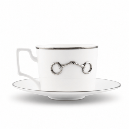 Vagabond House - Pewter Bit Bone China Cup and Saucer Platinum Rim