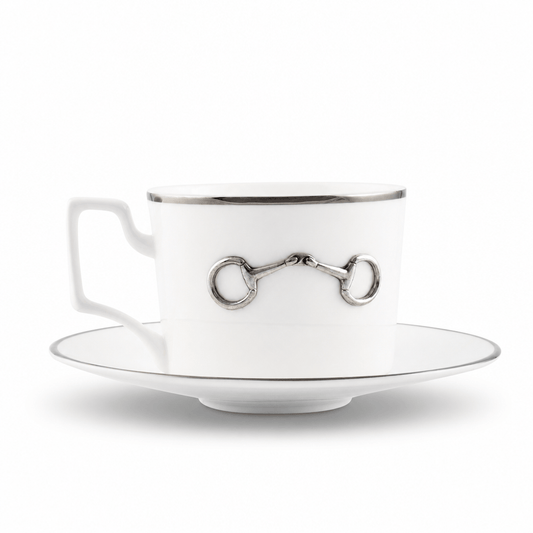 Vagabond House - Pewter Bit Bone China Cup and Saucer Platinum Rim