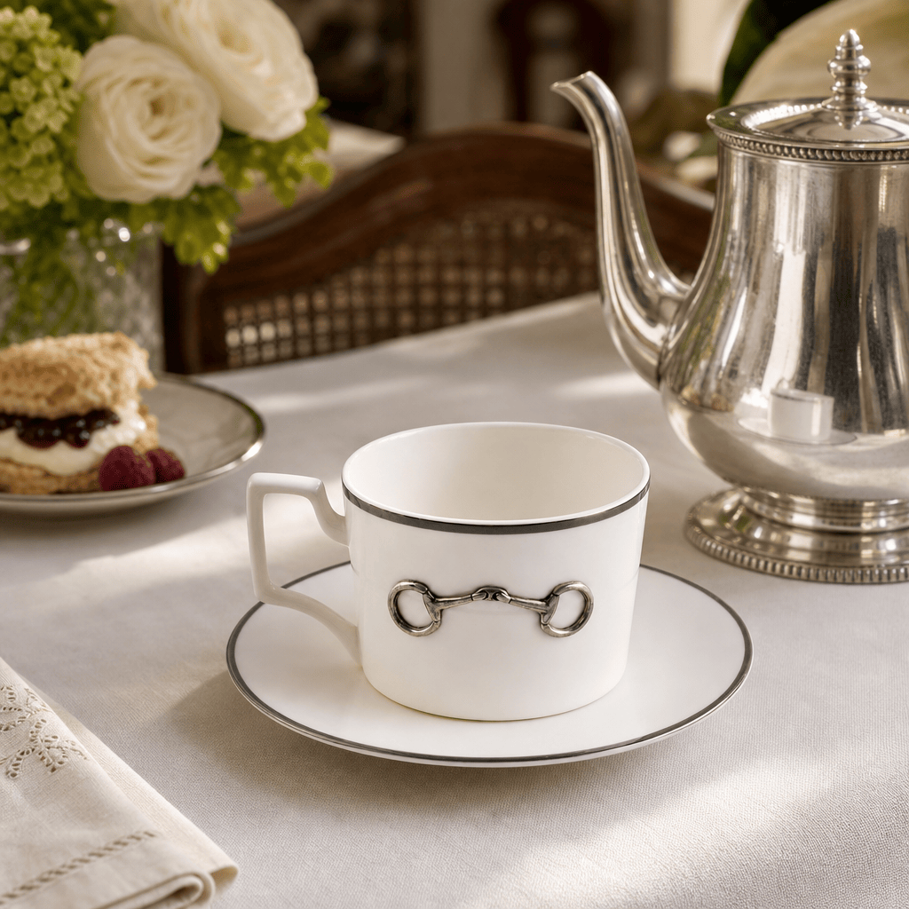 Vagabond House - Pewter Bit Bone China Cup and Saucer Platinum Rim