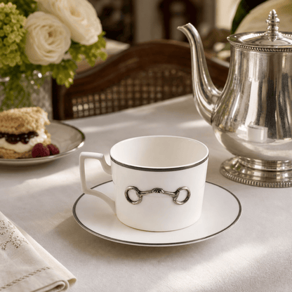 Vagabond House - Pewter Bit Bone China Cup and Saucer Platinum Rim