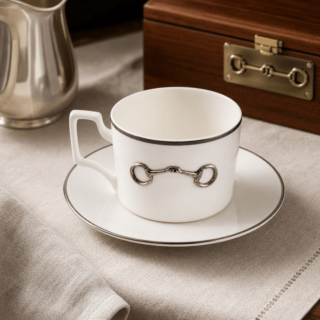 Vagabond House - Pewter Bit Bone China Cup and Saucer Platinum Rim