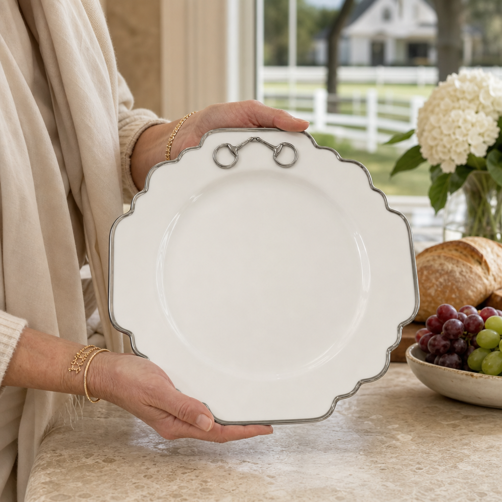 Vagabond House - Pewter Bit Bone China Scallop Dinner Plate Platinum Rim