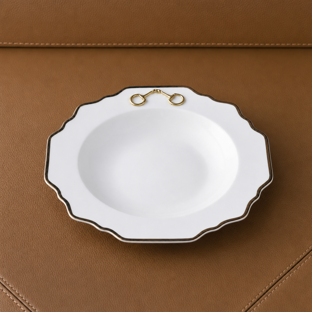 Vagabond House  - Gold Bit Bone China Scallop Soup Plate Gold Rim
