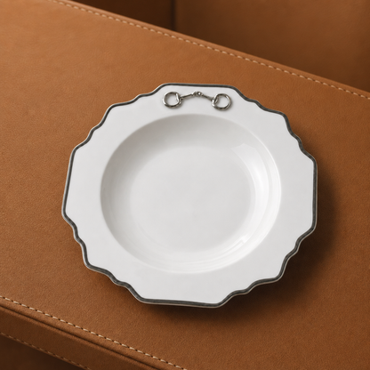 Vagabond House Pewter Bit Bone China Scallop Soup Plate Platinum Rim