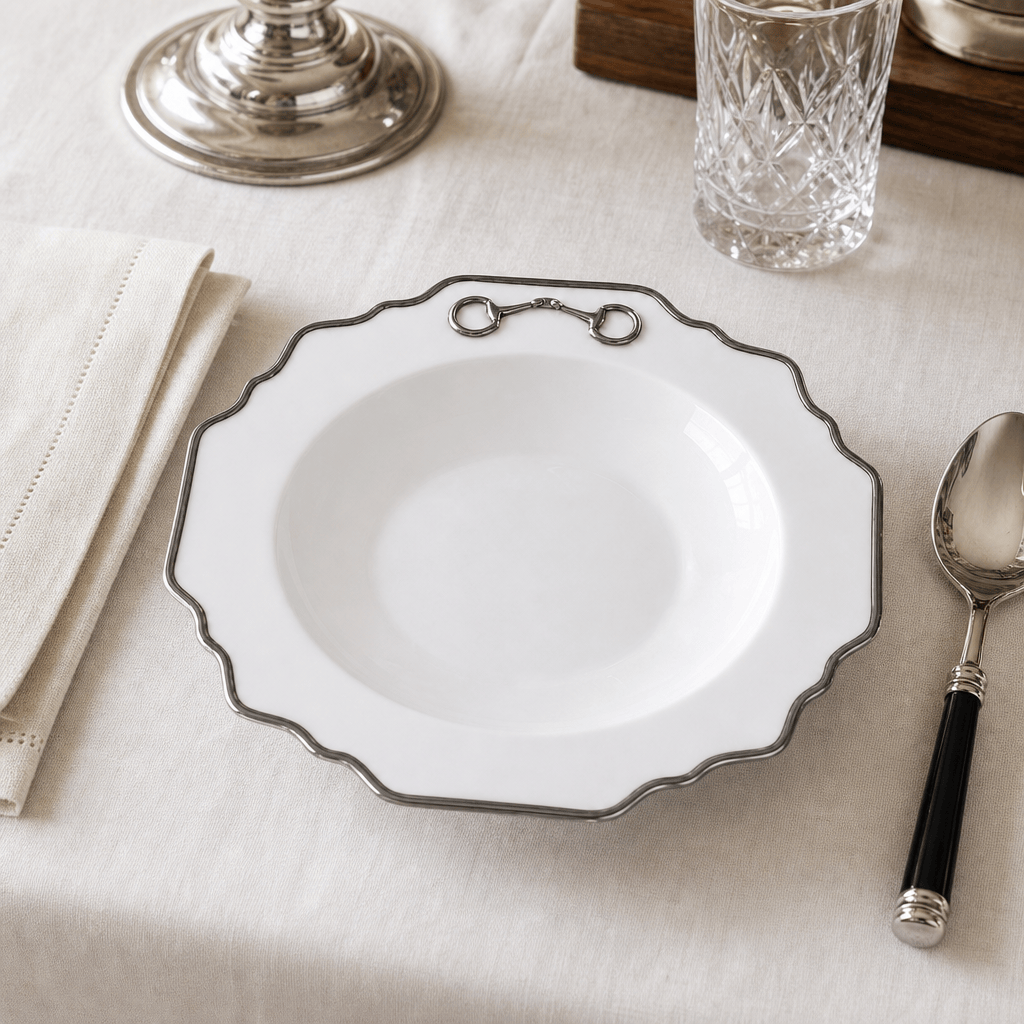 Vagabond House Pewter Bit Bone China Scallop Soup Plate Platinum Rim
