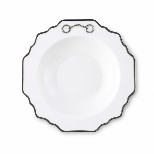 Vagabond House Pewter Bit Bone China Scallop Soup Plate Platinum Rim