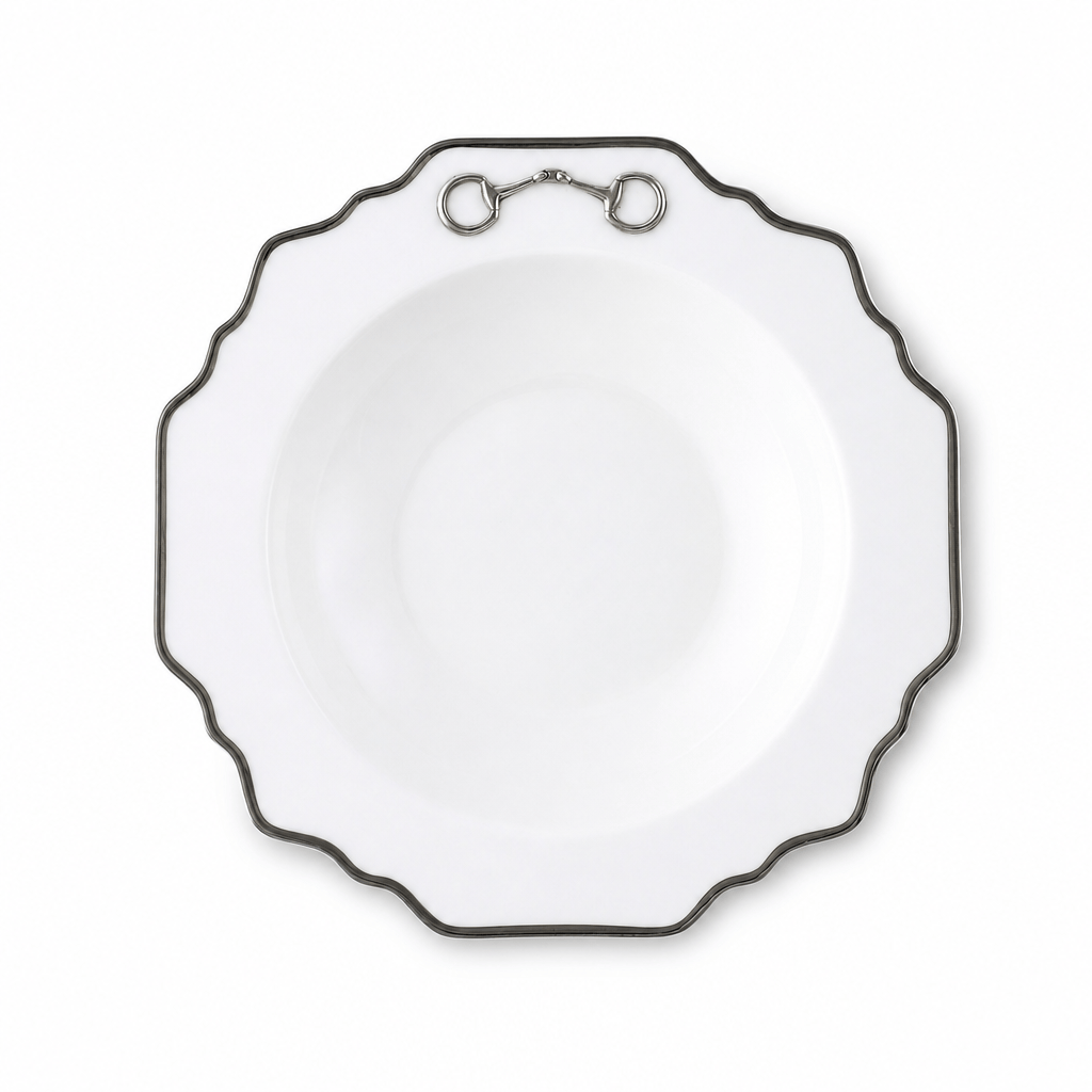 Vagabond House Pewter Bit Bone China Scallop Soup Plate Platinum Rim