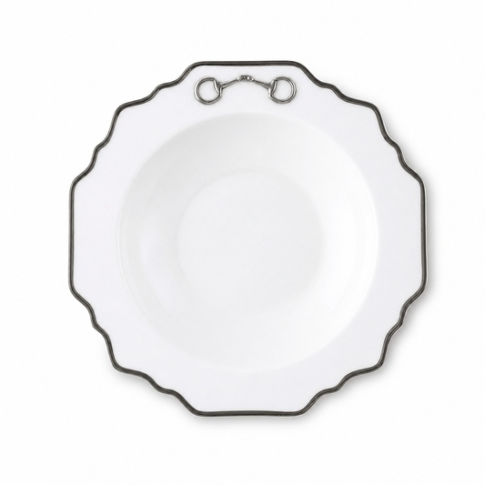 Vagabond House Pewter Bit Bone China Scallop Soup Plate Platinum Rim