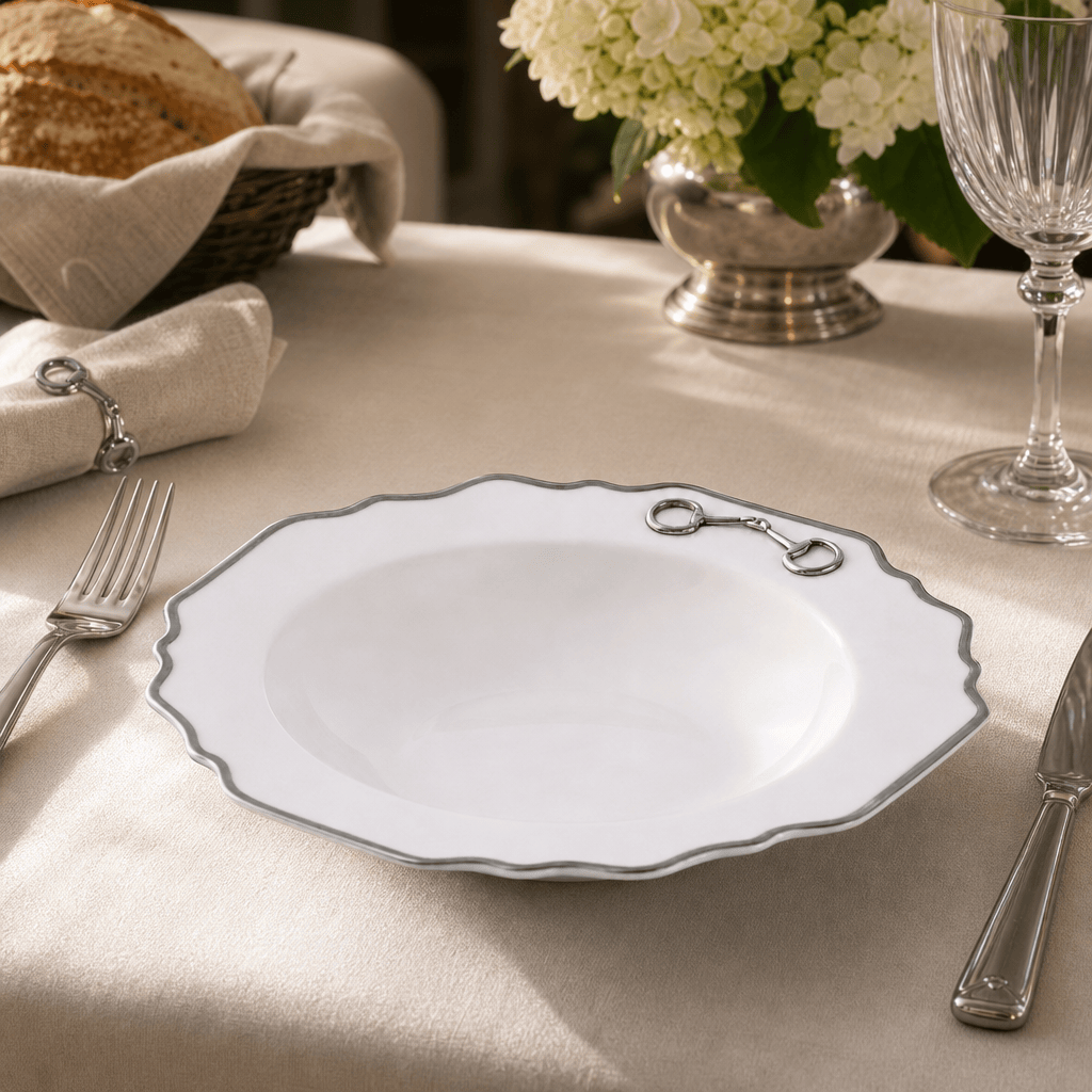 Vagabond House Pewter Bit Bone China Scallop Soup Plate Platinum Rim