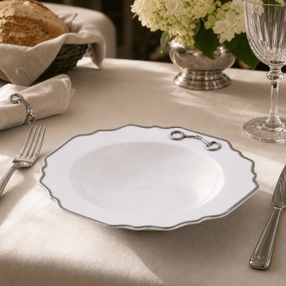 Vagabond House Pewter Bit Bone China Scallop Soup Plate Platinum Rim