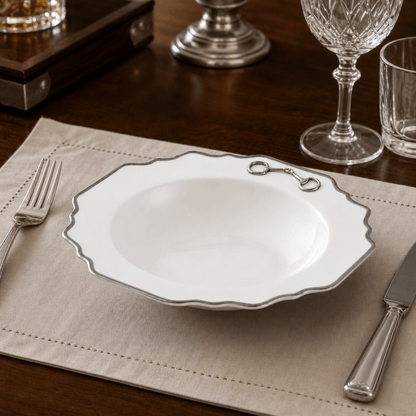 Vagabond House Pewter Bit Bone China Scallop Soup Plate Platinum Rim
