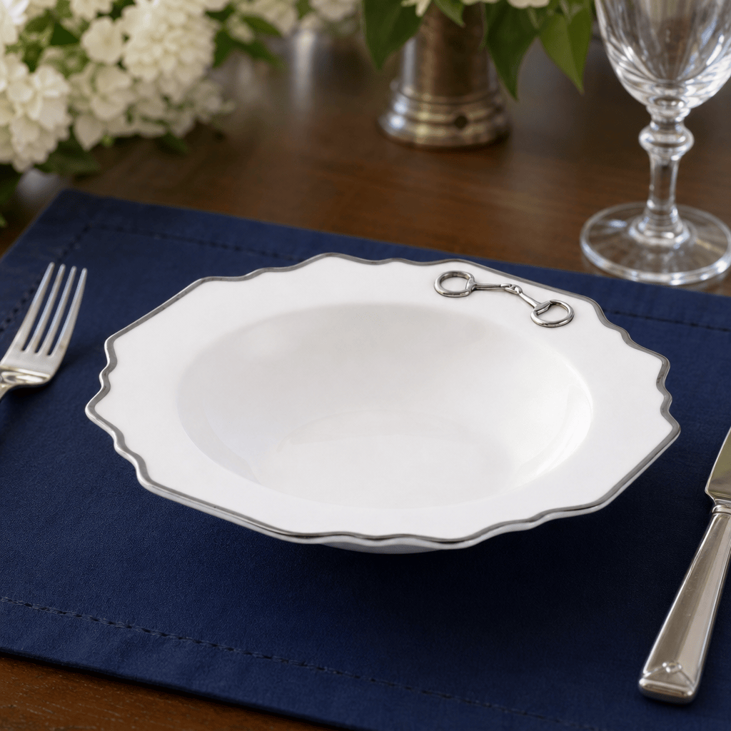 Vagabond House Pewter Bit Bone China Scallop Soup Plate Platinum Rim