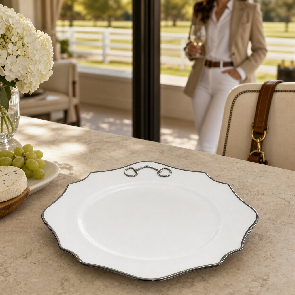 Vagabond House - Pewter Bit Bone China Scallop Charger Plate Platinum Rim