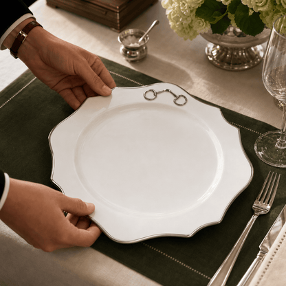 Vagabond House - Pewter Bit Bone China Scallop Charger Plate Platinum Rim