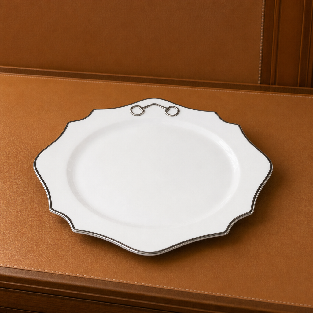 Vagabond House - Pewter Bit Bone China Scallop Charger Plate Platinum Rim
