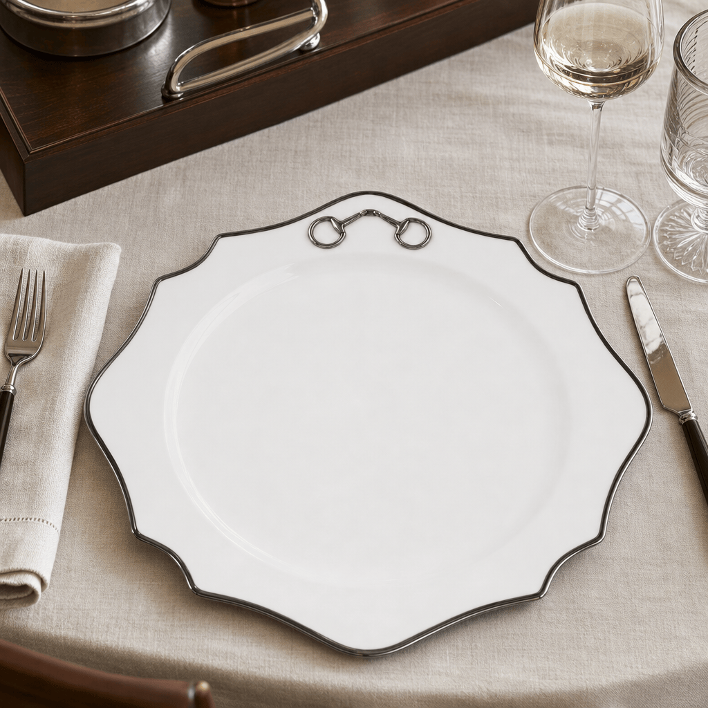 Vagabond House - Pewter Bit Bone China Scallop Charger Plate Platinum Rim