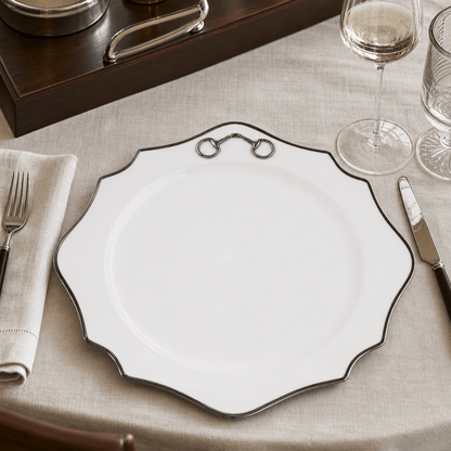 Vagabond House - Pewter Bit Bone China Scallop Charger Plate Platinum Rim