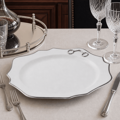 Vagabond House - Pewter Bit Bone China Scallop Charger Plate Platinum Rim
