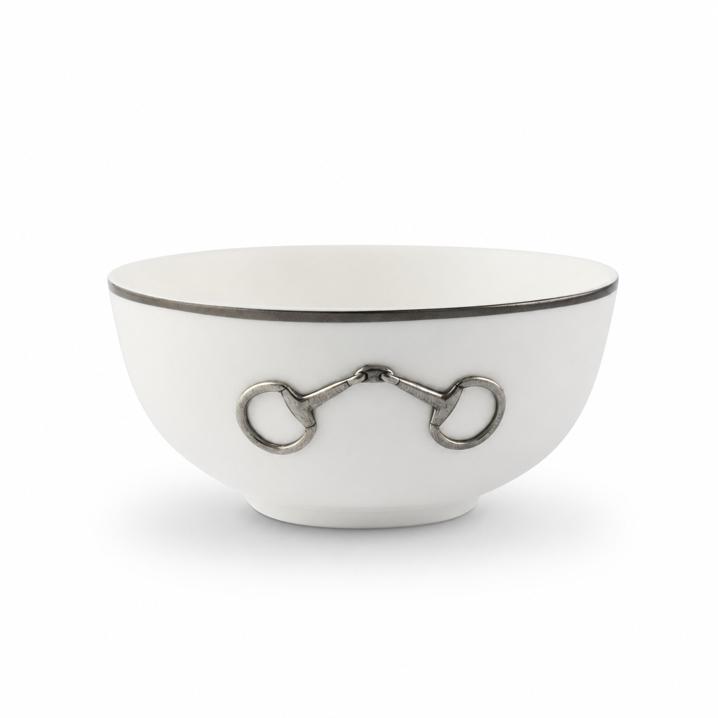 Vagabond House - Pewter Bit Bone China Round Cereal Bowl Platinum Rim