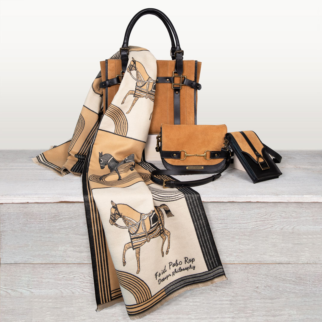 Urban Equestrian  Saratoga- Horse Bit Crossbody Luxury Leather Handbag in Black on Chestnut