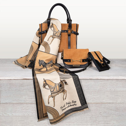 Urban Equestrian  Saratoga- Horse Bit Crossbody Luxury Leather Handbag in Black on Chestnut