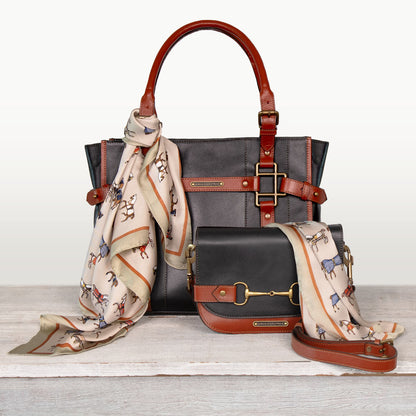 Urban Equestrian  Saratoga- Horse Bit Crossbody Luxury Leather Handbag in Cognac on Black